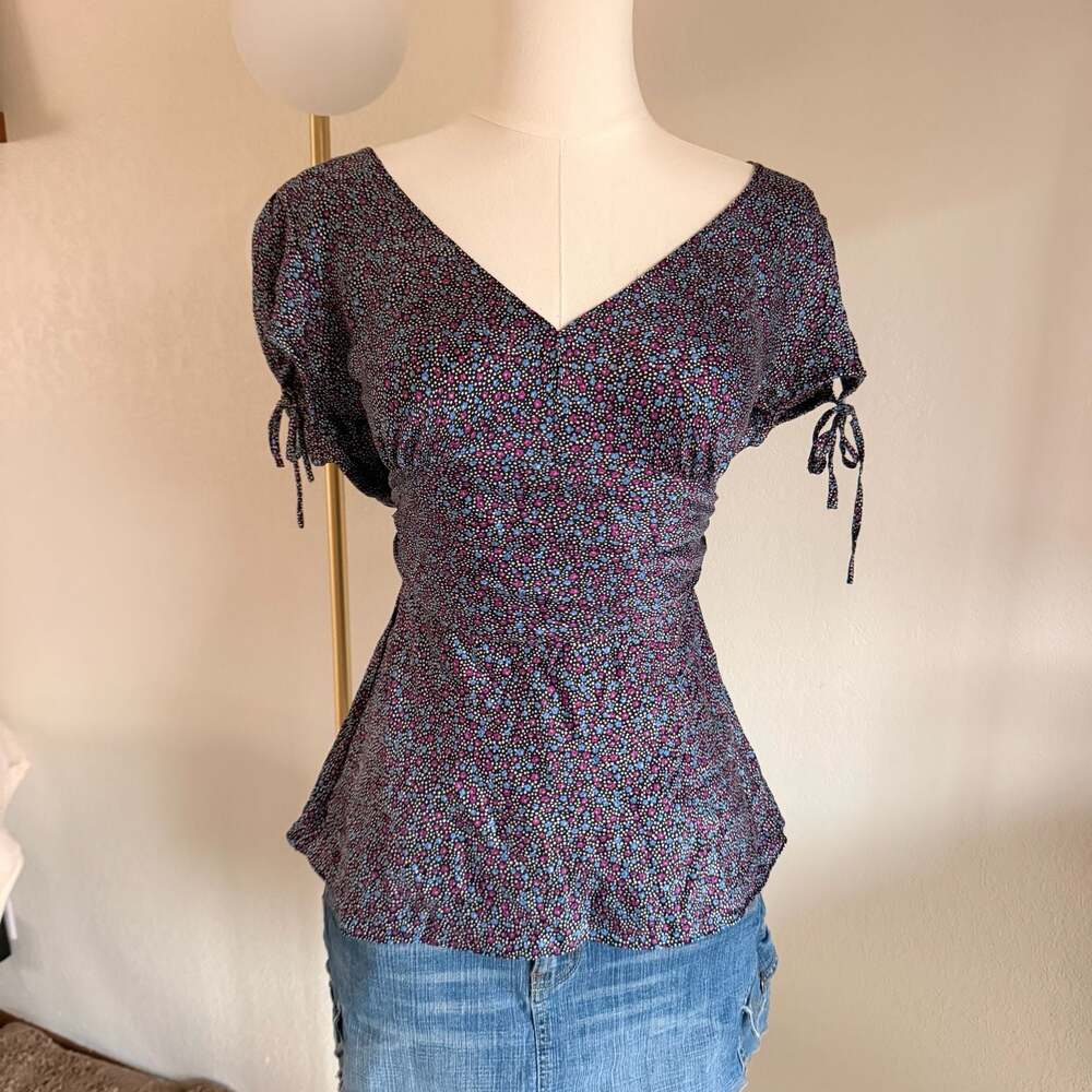 Express Design Studio Women's V-Neck Silk Floral Tie-Back Blouse Medium